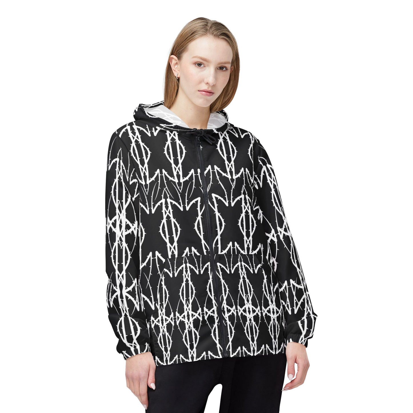 Alliance Black & White Geometric Windbreaker Jacket — Bold Ikat Pattern, All-Over Print