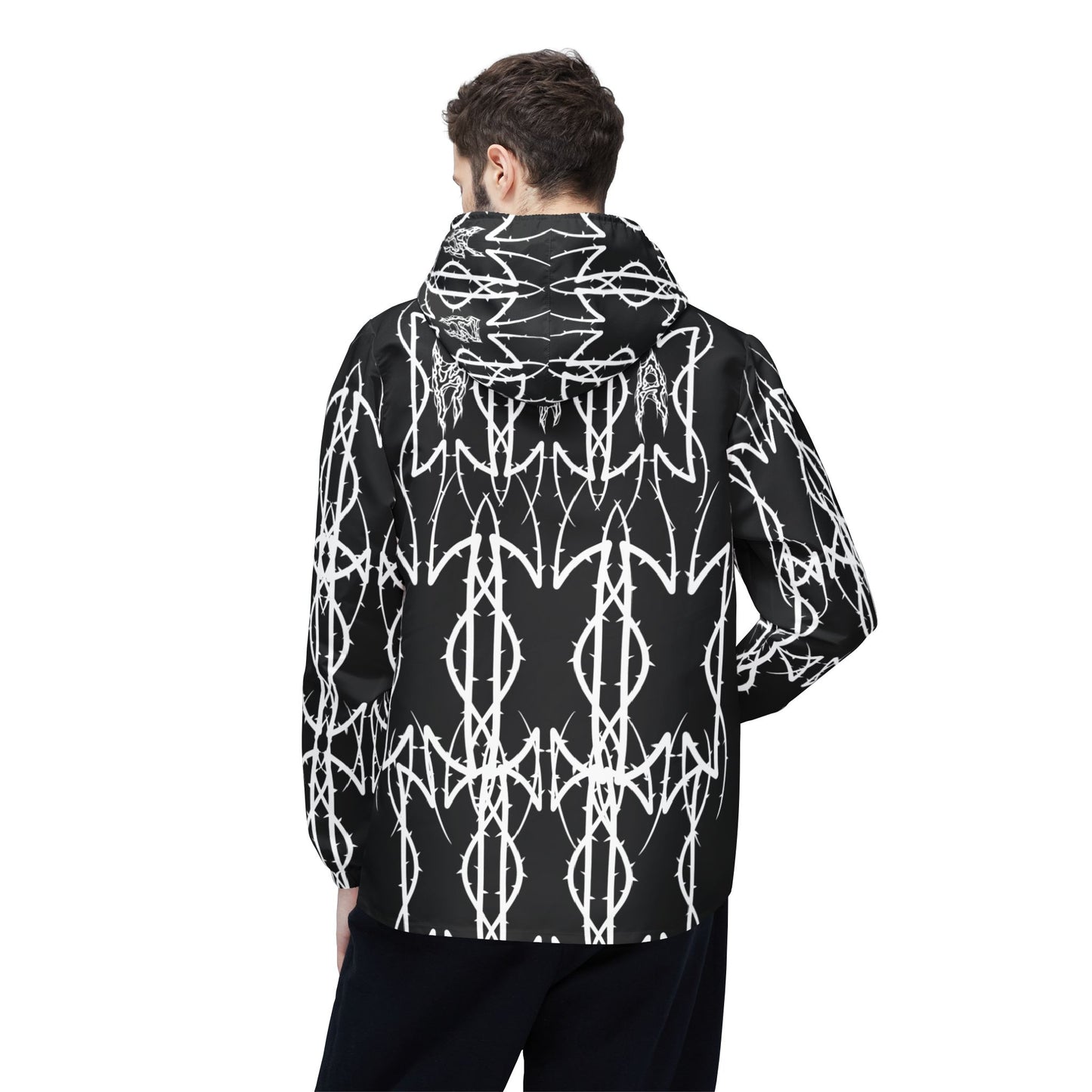 Alliance Black & White Geometric Windbreaker Jacket — Bold Ikat Pattern, All-Over Print