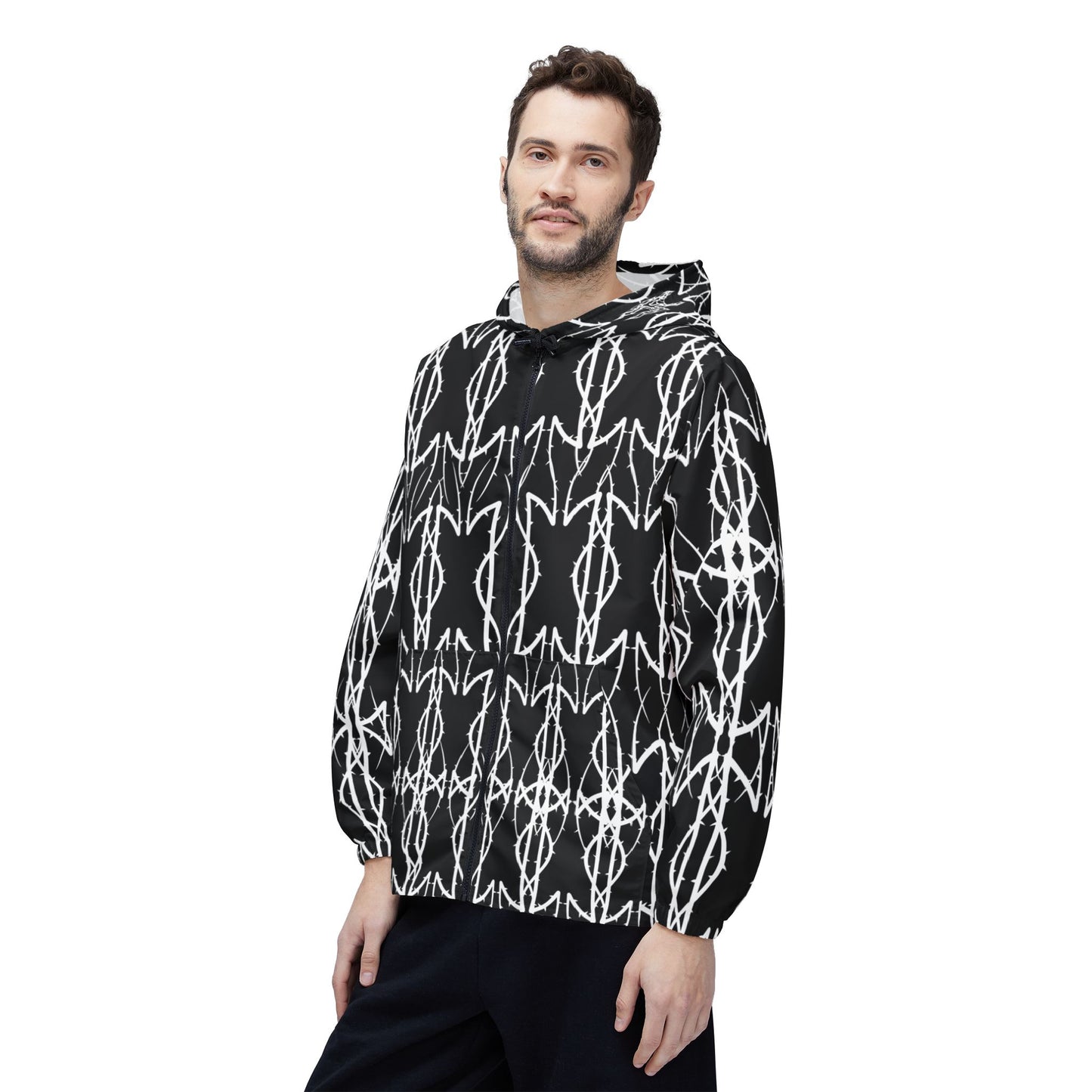 Alliance Black & White Geometric Windbreaker Jacket — Bold Ikat Pattern, All-Over Print