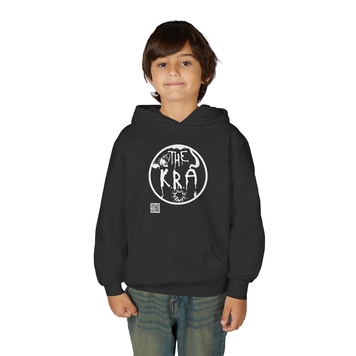 The K.R.A Youth Hoodie — The Kra Band Logo Black Pullover (Front Circle & Back Tribal Band Art)