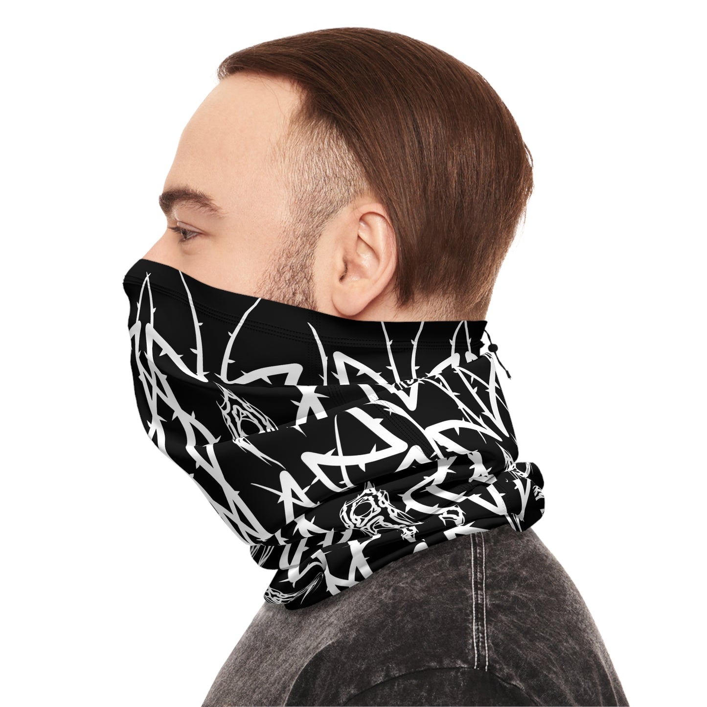 Alliance Winter Drawstring Neck Gaiter — Black Gothic Wolf Pattern Face Mask