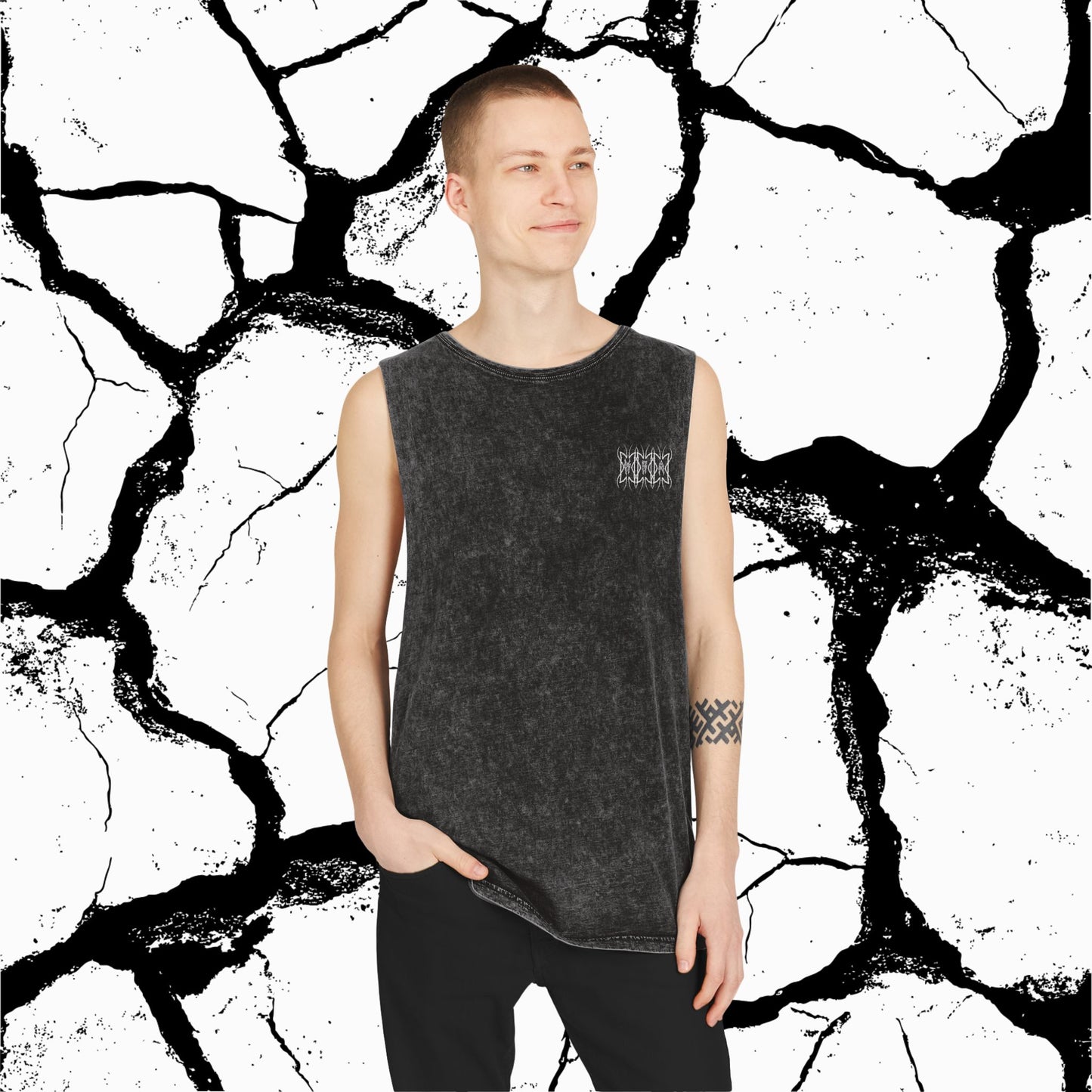 Pheromones Graphic Tank Top — Vintage Stonewash Black Sleeveless Tee