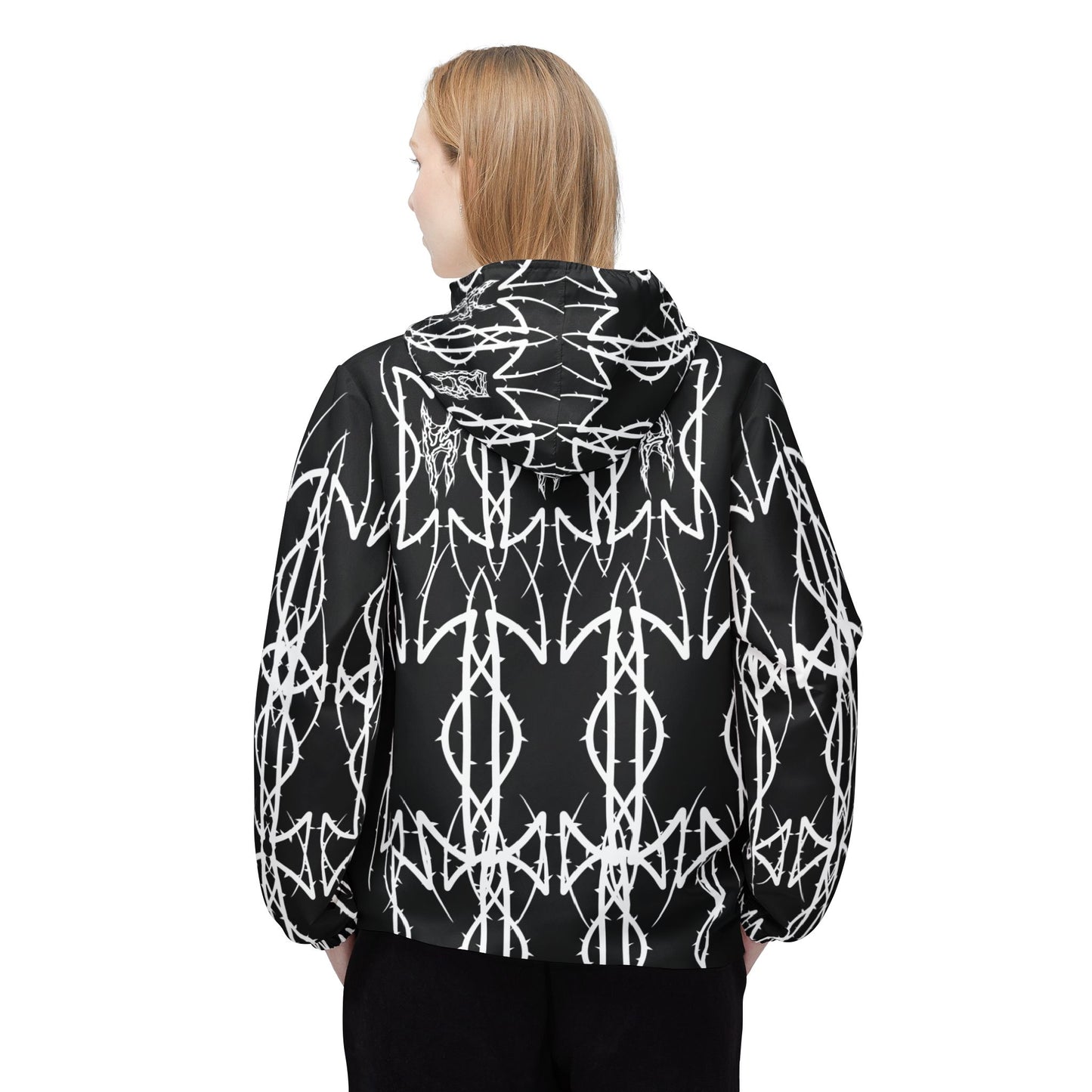 Alliance Black & White Geometric Windbreaker Jacket — Bold Ikat Pattern, All-Over Print
