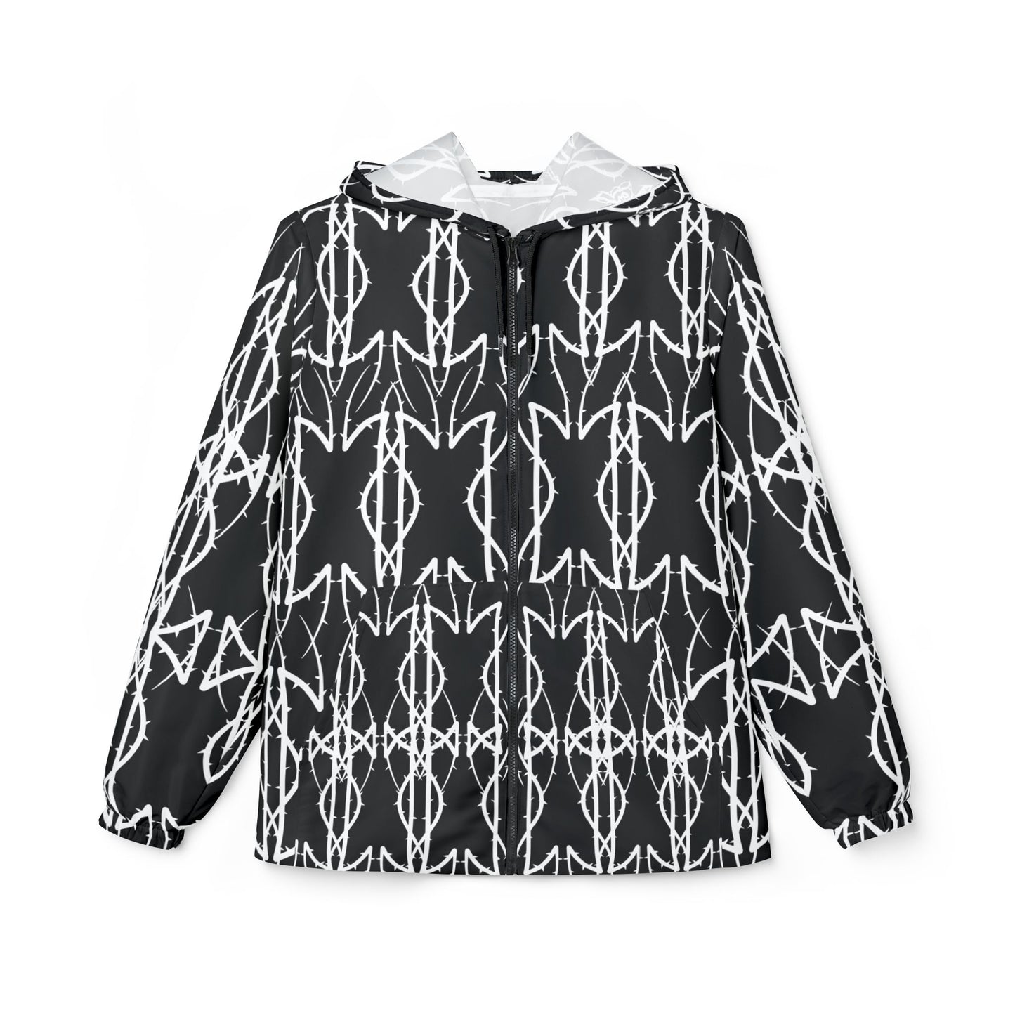 Alliance Black & White Geometric Windbreaker Jacket — Bold Ikat Pattern, All-Over Print